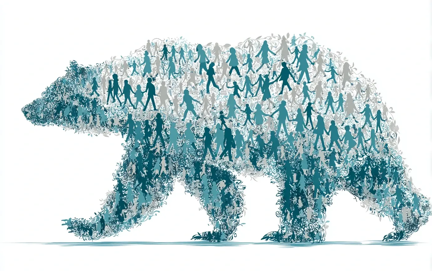 Bear silhouette formed by interconnected people representing community