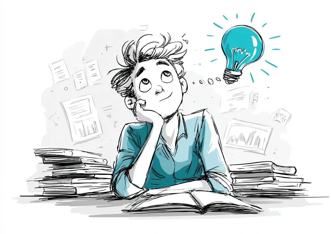 Person studying books and charts for informed decision making
