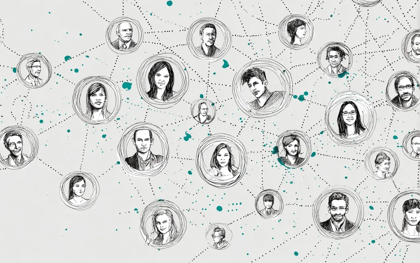 Network of connected conversation circles representing community voices