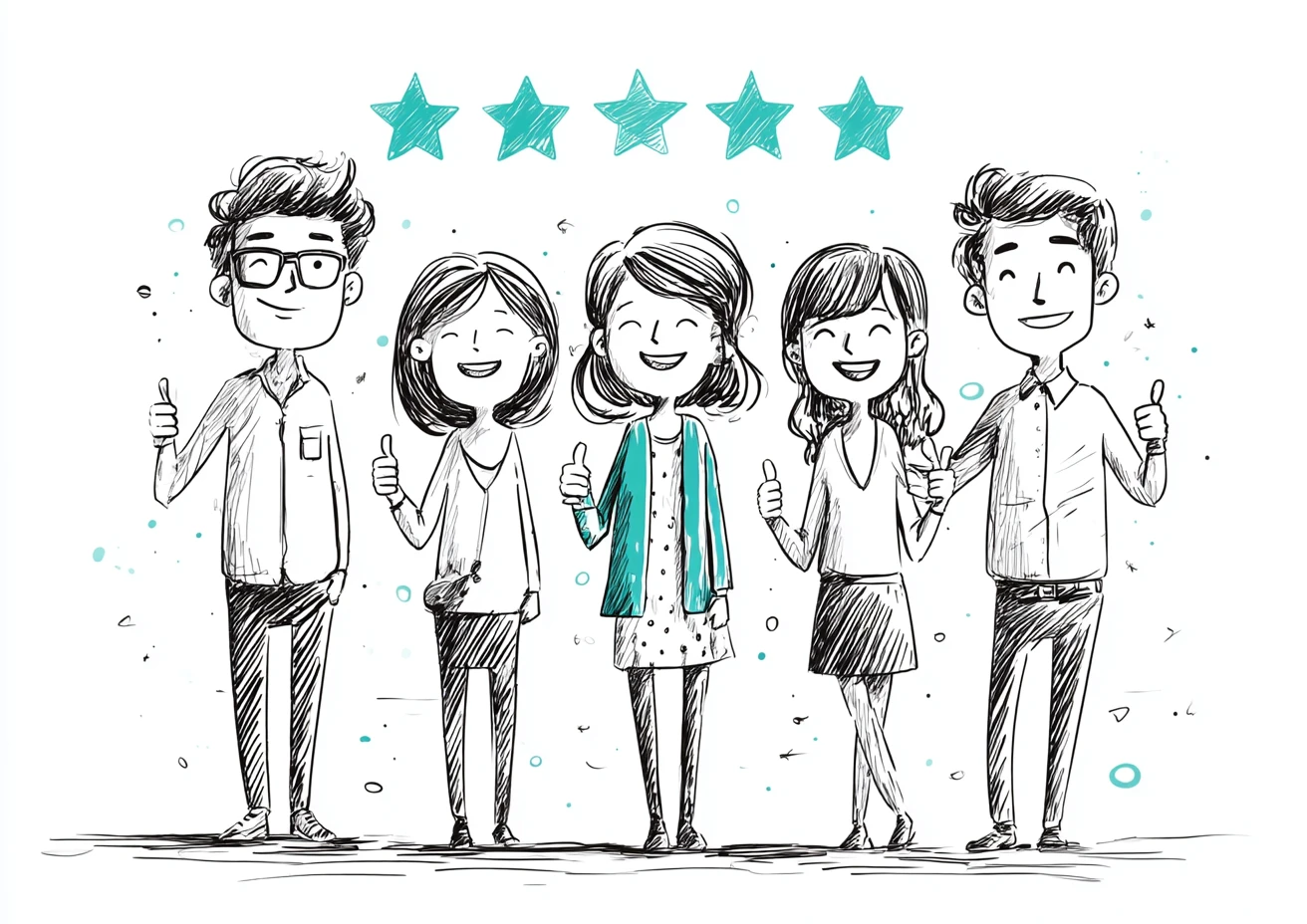 Five diverse people giving thumbs up with five-star rating