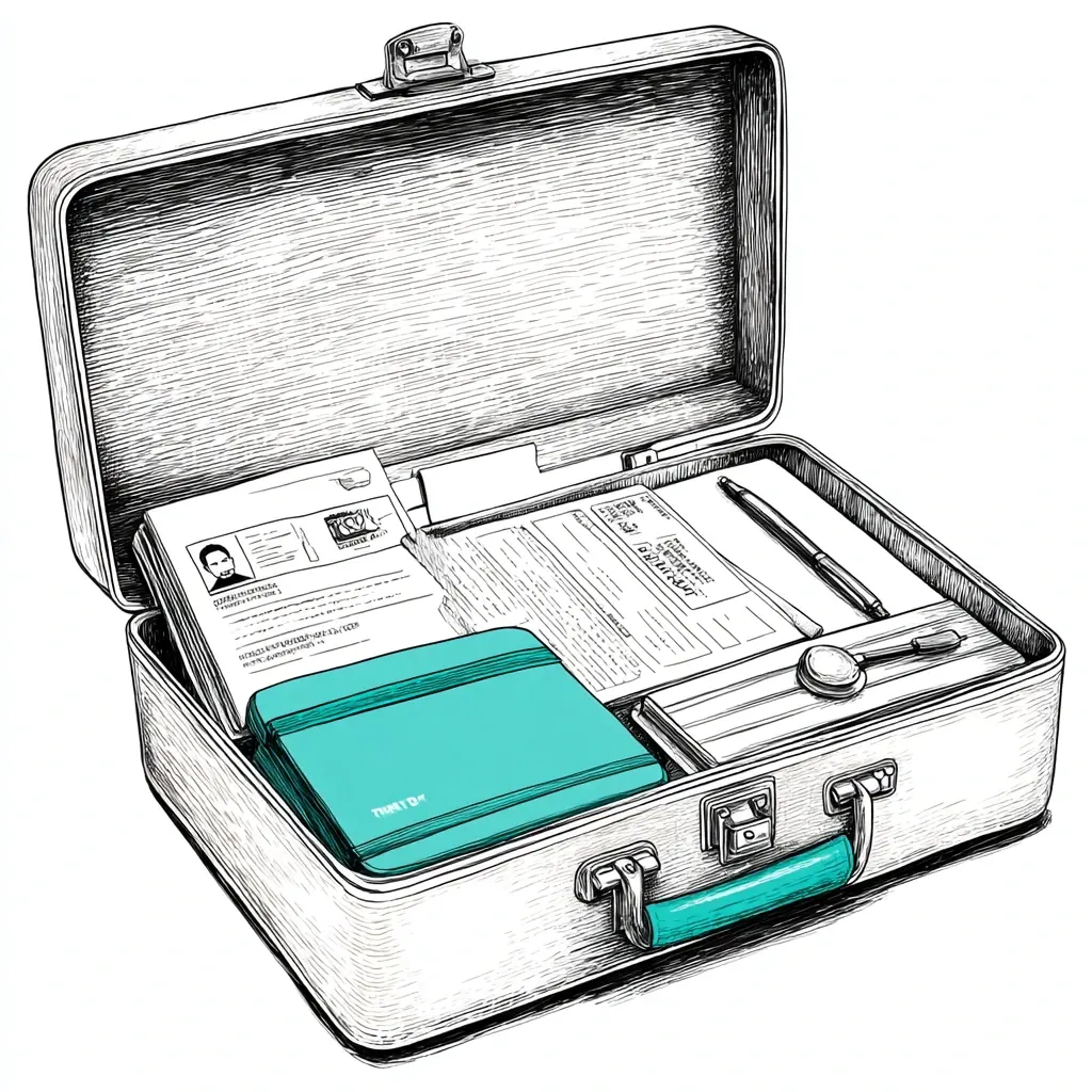 Open briefcase with organized documents needed for application
